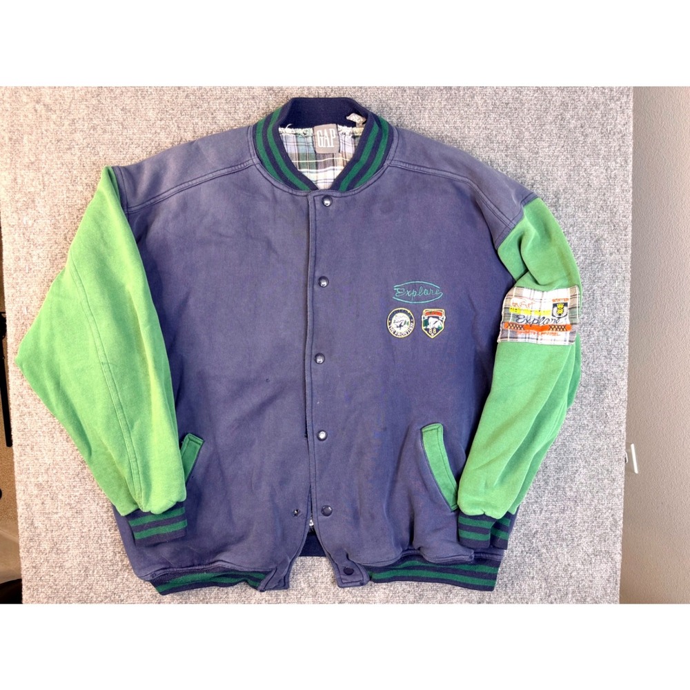 Vintage Gap XL Blue Green Explore Varsity Bomber Jacket Plaid Lined Heavyweight